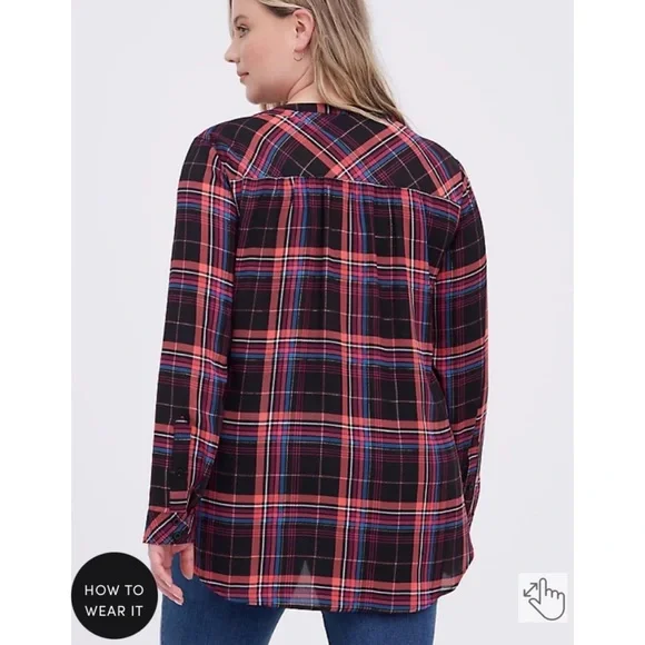 NWT TORRID Blouse - Georgette Plaid Foil Black - Picture 4 of 9